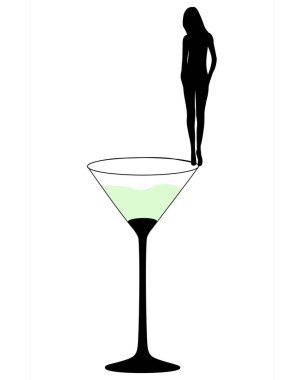 Bardakta martini içen bir kadın. Martini severler konsepti, kadın alkolizmi. Posterler, tişört baskıları, el ilanları ve kartlar için tasarımlar. Vektör çizimi. Beyaz arkaplan. 