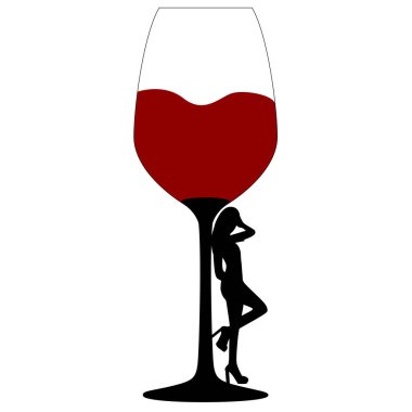 Bir kadeh kırmızı şarabın yanındaki kadın. Şarap severler, kadın alkolizmi kavramı. Tişört baskıları, el ilanları ve kartlar için poster tasarımları. Vektör çizimi. Beyaz arkaplan