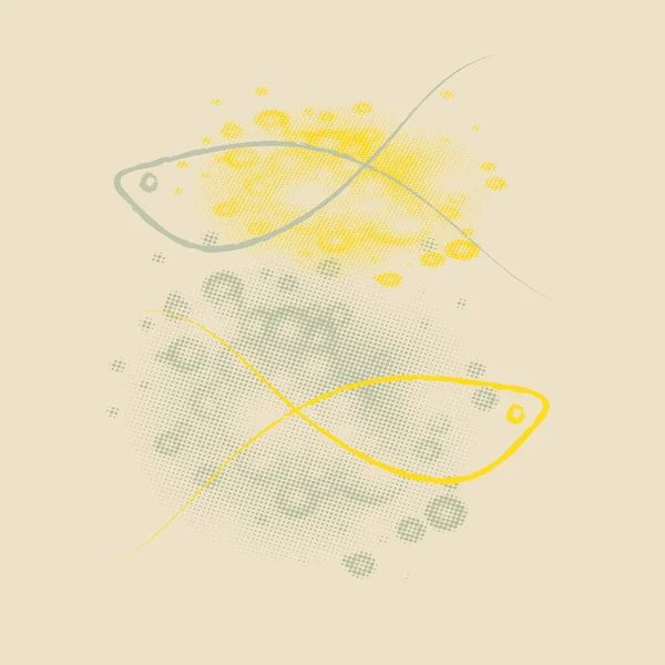 Абстрактная Иллюстрация Двух Рыб Фоне Пятен Рисунок Выполнен Желтым Серым — стоковый вектор