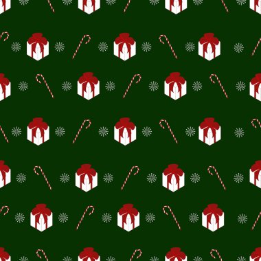 Noel vektörü kusursuz desen. Noel şekerleri, kar taneleri ve yeşil arka planda hediyeler, el ilanları, posterler, kapak, tekstil baskısı, ambalaj kağıdı, peçeteler, tabaklar için.. 