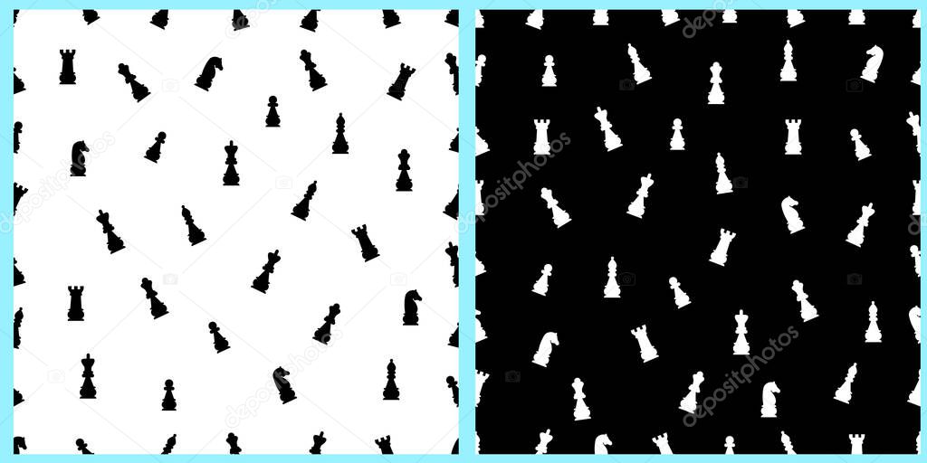 Seamless vector pattern with white and black chess on white and black background. Chessmen. A set of chess pieces. International Chess Day. 