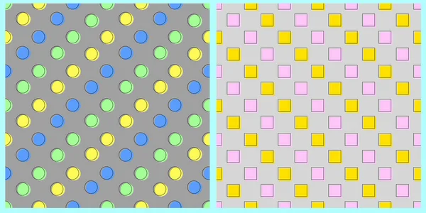 Набор Бесшовных Геометрических Узоров Разноцветные Круги Квадраты Сером Изолированном Фоне — стоковый вектор