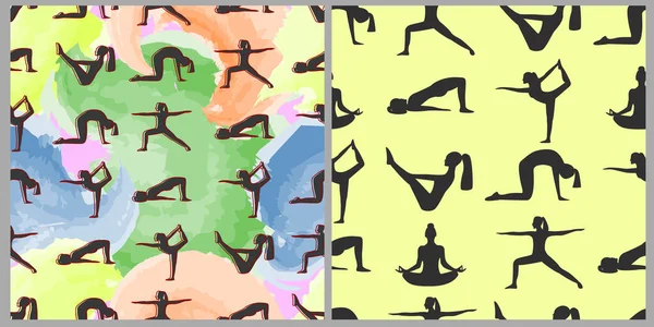 Eine Reihe Nahtloser Vektormuster Die Silhouetten Von Mädchen Yoga Pose — Stockvektor