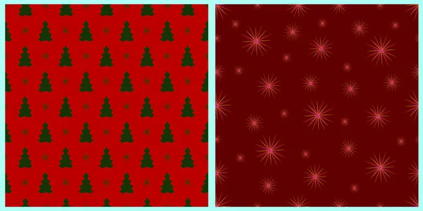 Набор Векторных Шаблонов Цветные Яркие Снежинки Зеленые Елки Красном Рождественском — стоковый вектор