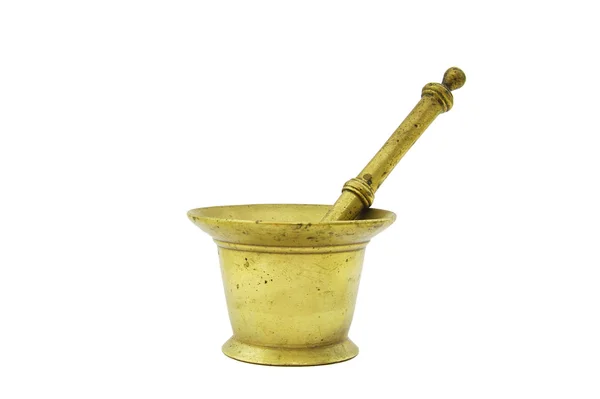 Old bronze mortar and pestle on white background — Stock Photo, Image