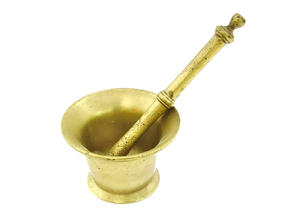 Old bronze mortar and pestle on white background — Stock Photo, Image