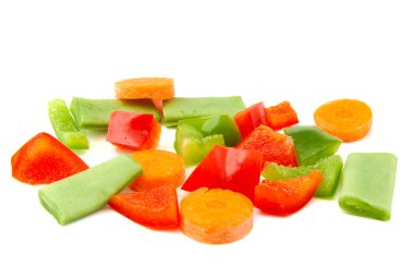 Chopped vegetables. Red, green pepper, carrot and beans on white background. clipart