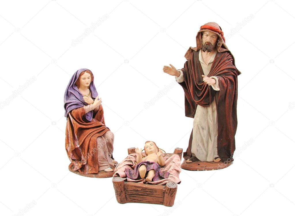 Christmas nativity. Mary, Joseph and baby Jesus isolated on white background.