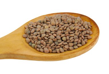Mercimek beyaz izole tahta kaşıkla Closup.