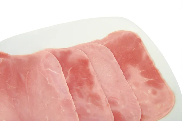 Set of cooked and boiled ham sausage slices on white background. — Stock Photo, Image