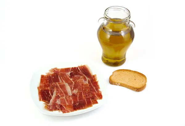 Serrano jambonu, ekmek ve zeytin yağı. Jabugo. Akdeniz diyeti. — Stok fotoğraf