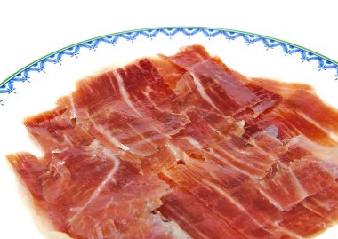 Serrano jambonu dilimleri bir tabak portre. Jabugo. İspanyol tapa.