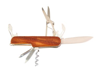 Beyaz arka plan üzerinde izole ahşap ordu bıçak çok aracı.