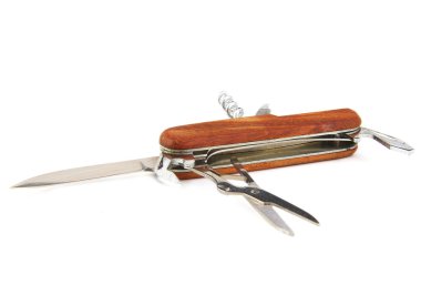 Beyaz arka plan üzerinde kahverengi swiss bıçak kapalı