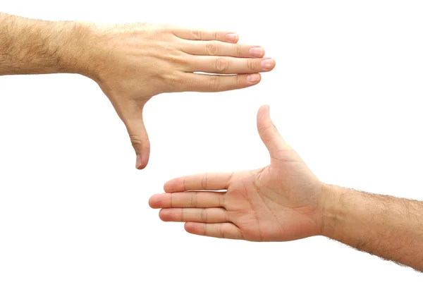 Άνθρωπος τα χέρια, τη δημιουργία ενός πλαισίου που απομονώνονται σε λευκό φόντο — Φωτογραφία Αρχείου