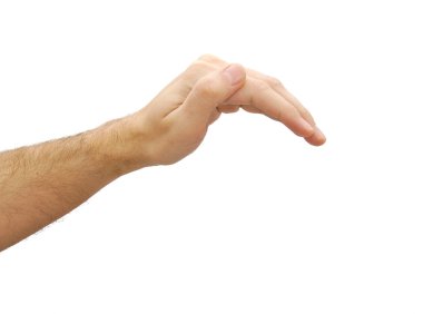 Adam el bir şey karşılamak hazır. Beyaz arka plan üzerinde izole jest