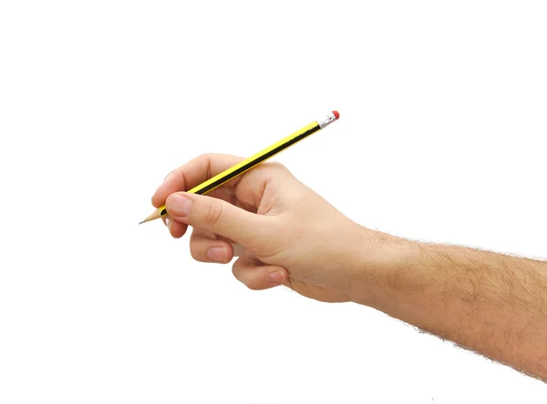 Ręką człowieka pisze ołówkiem na białym tle — Zdjęcie stockowe