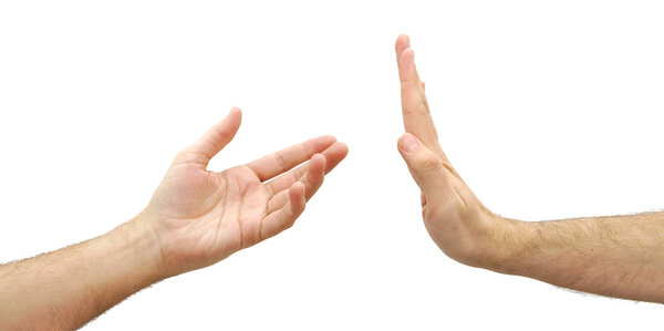Man hand refusing to help. Selfishness concept isolated on white background
