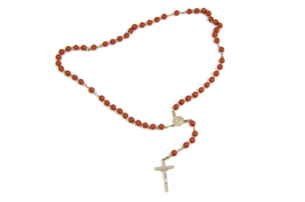 Wood rosary and metal cross with slightly unfocused beads isolated on a white background — Stock Photo, Image