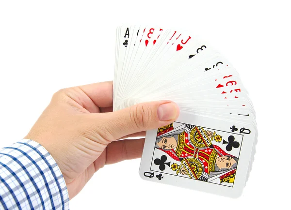 Mão com cartões de poker em um fundo branco — Fotografia de Stock