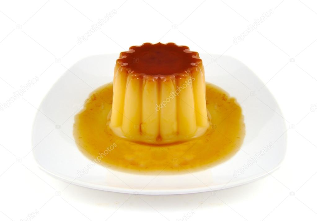 Creme caramel, caramel custard or custard pudding isolated on white background