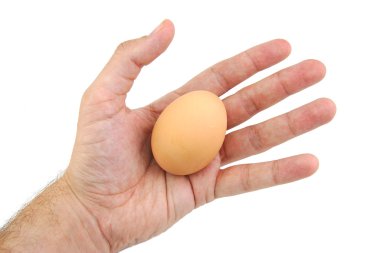 İyi şekilli mans el bir yumurta ile izole üzerinde beyaz bir arka plan