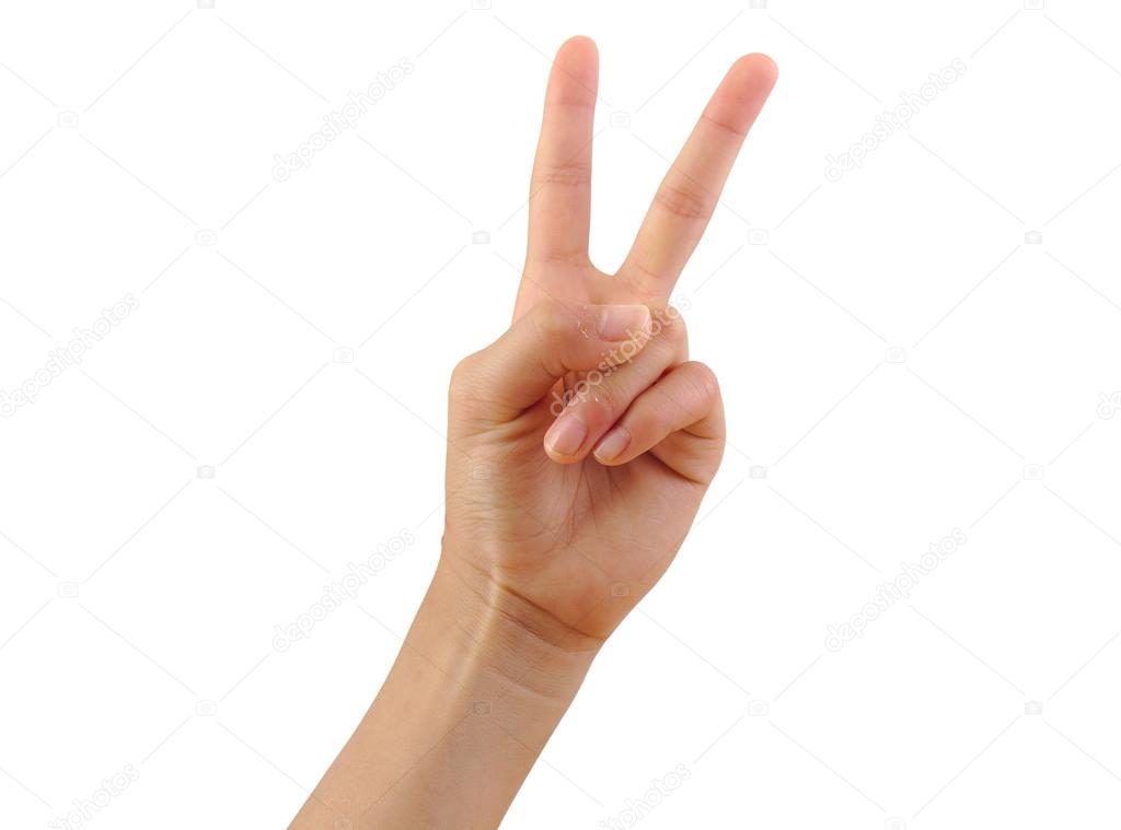 Girl hand showing two fingers isolated on a white background. Number two