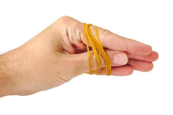 Hand tied with rubber bands isolated on a white background — Stock Photo, Image