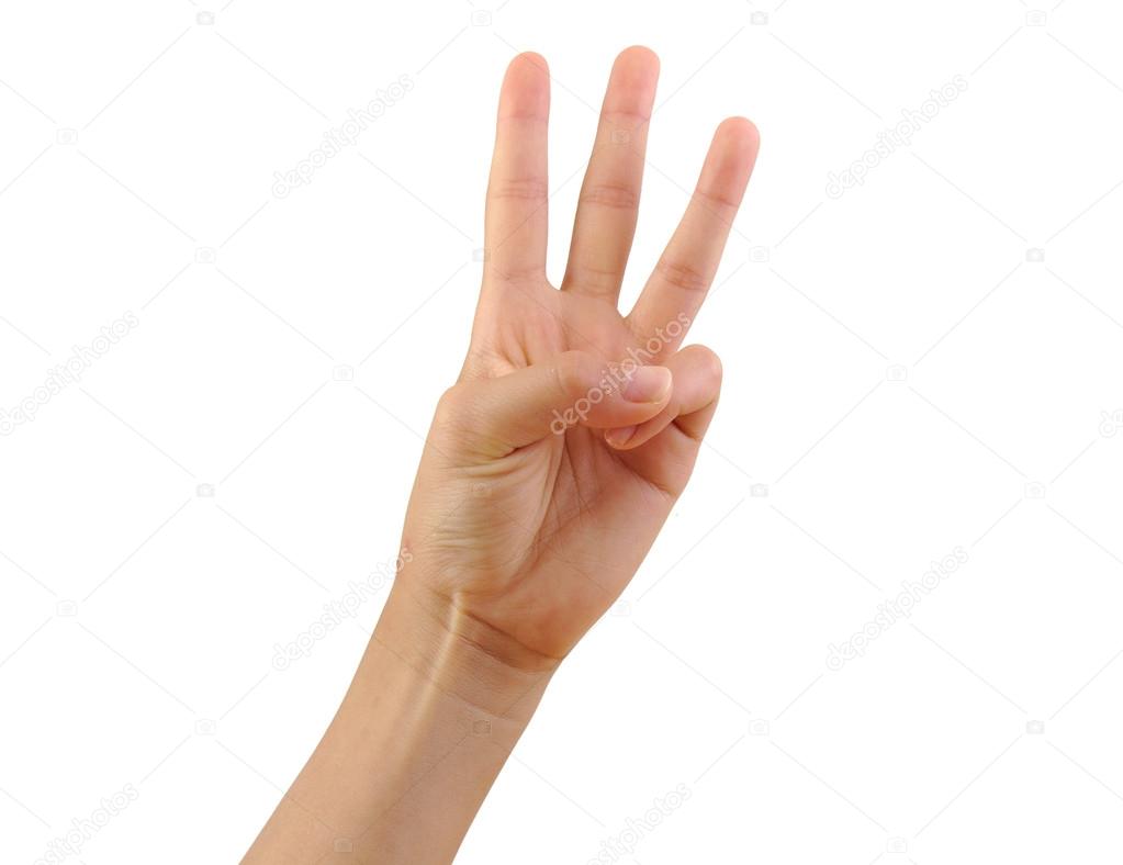 Girl hand showing three fingers isolated on a white background. Number three
