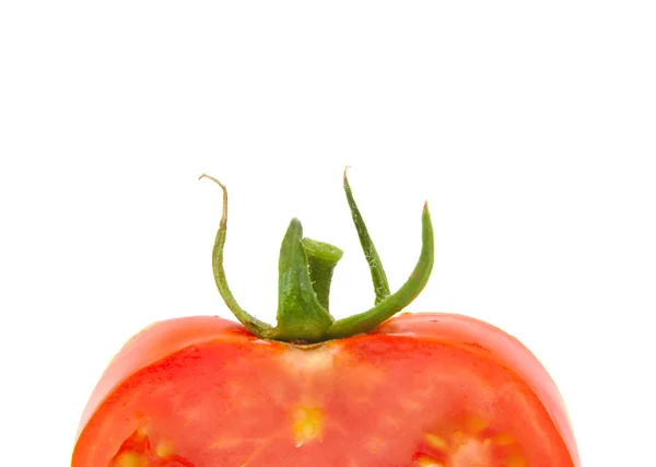 Κλείνω πάνω θέα του ενιαίου ντομάτα με χώρο για κείμενο αντιγράφων απομονωθεί σε λευκό φόντο — Φωτογραφία Αρχείου