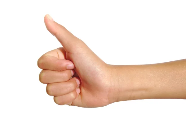 Mão feminina mostrando polegares para cima sinal isolado em um fundo branco. OK ou conceito de vitória . — Fotografia de Stock