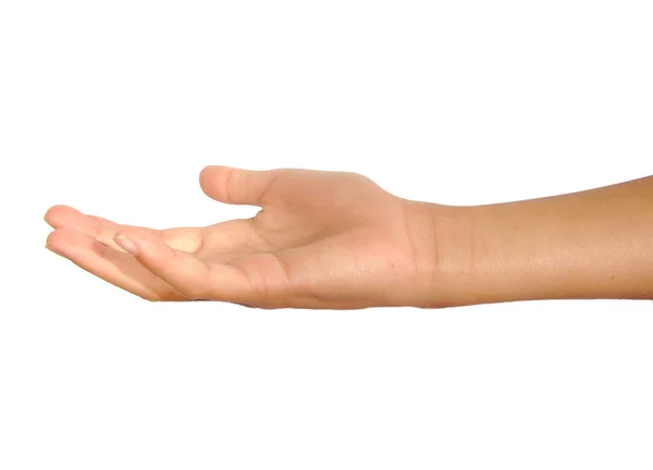 Open female palm or hand begging isolated on a white background — Stock Photo, Image