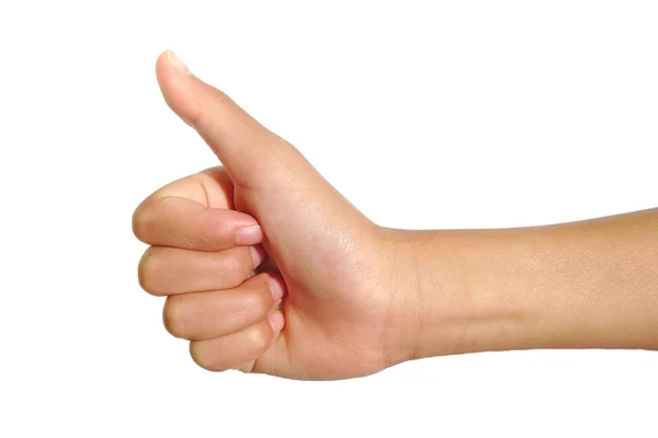 Female hand showing thumbs up sign isolated on a white background. OK or victory concept. Stock Photo