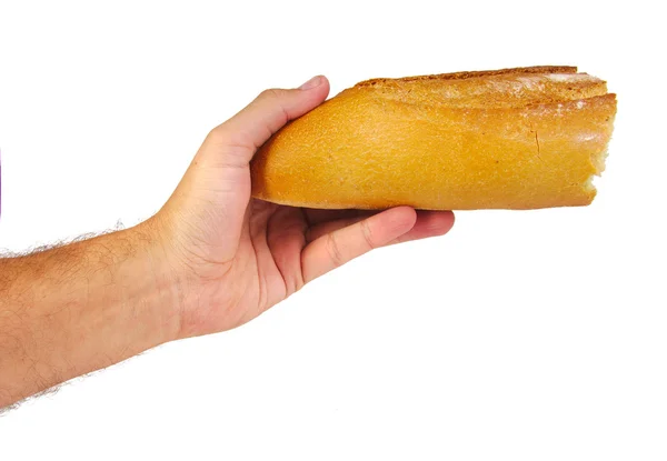 Человек дает или делится хлебом изолирован на белом фоне. Концепция благотворительности — стоковое фото