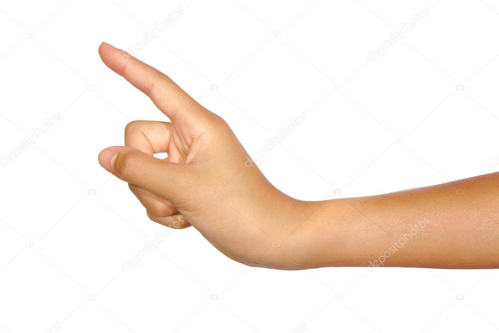 Woman hand touching virtual screen or poiting isolated on a white background
