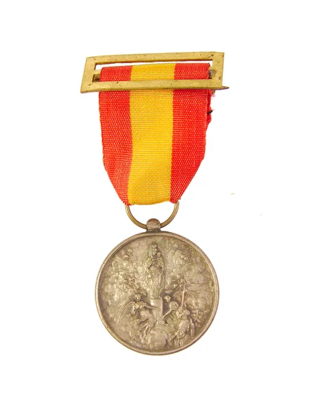 Medalha de Honra mostrando bandeira espanhola e imagem de Nossa Senhora Pilar ou Pilar isolada em um fundo branco — Fotografia de Stock
