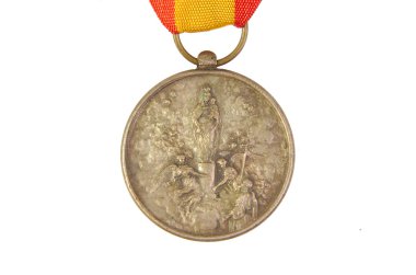 İspanyol bayrağı ve Our Lady Pilar veya ayağı görüntü izole beyaz arka plan üzerinde gösterilen madalya onur
