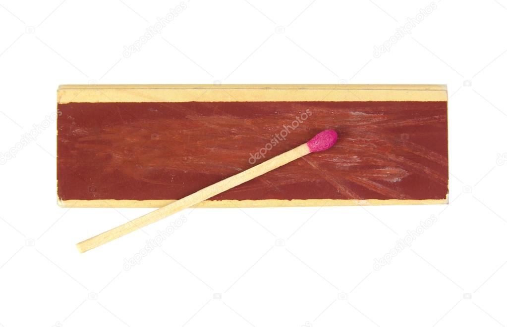 Top view of a matchbox and single matchstick isolated on white background