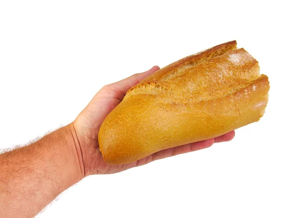 Handen aanbieden of delen van brood geïsoleerd op een witte achtergrond. Charitu concept — Stockfoto