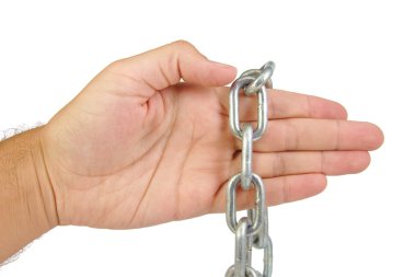 Beyaz arka plan üzerinde izole zinciri ile el