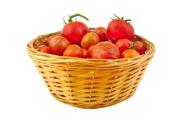 Tomates ecológicos en cesta aislados sobre fondo blanco — Foto de Stock