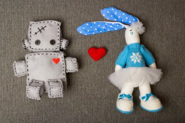 Robot ve Bunny. Yumuşak oyuncaklar.