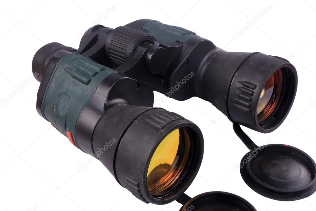 Binoculars with orange lens isolated on white background