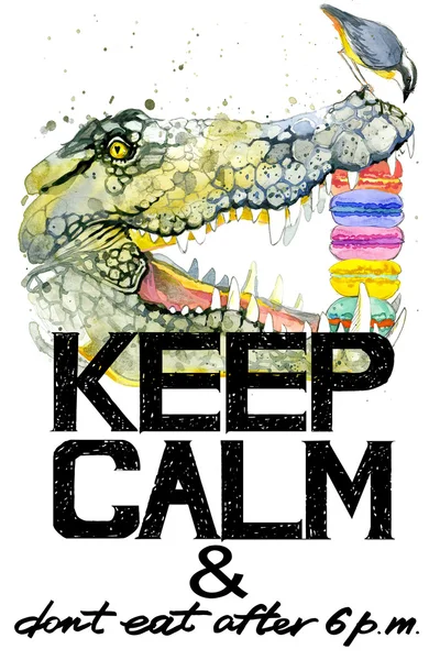 Keep Calm. Keep Calm and do not eat after 6 p.m. Keep Calm Tee shirt design.  Crocodile watercolor illustration. Alligator. Handwritten text. Keep Calm Tee shirt print.