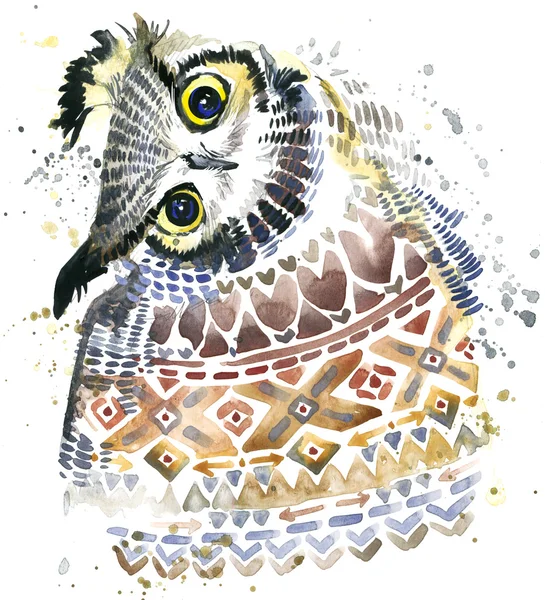 Cute Owl. Watercolor Owl. Owl Tee Shirt illustration. Etnic background. Watercolor bird