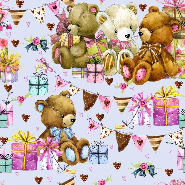 Cute Teddy Bear. Seamless teddy bear pattern. Kids Birthday watercolor pattern background. Kid\'s vintage pattern. Teddy Bears. hand draw seamless pattern for kids. Romantic watercolor background.