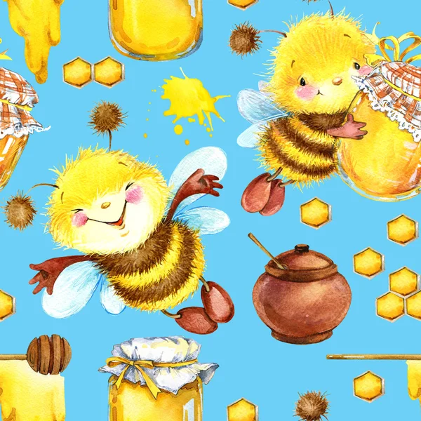 Honey seamless pattern with hand drawn cute bee. Honey bee seamless pattern. Cute Bee illustration. Honey pattern background. Sweet pattern. Yammy seamless pattern.