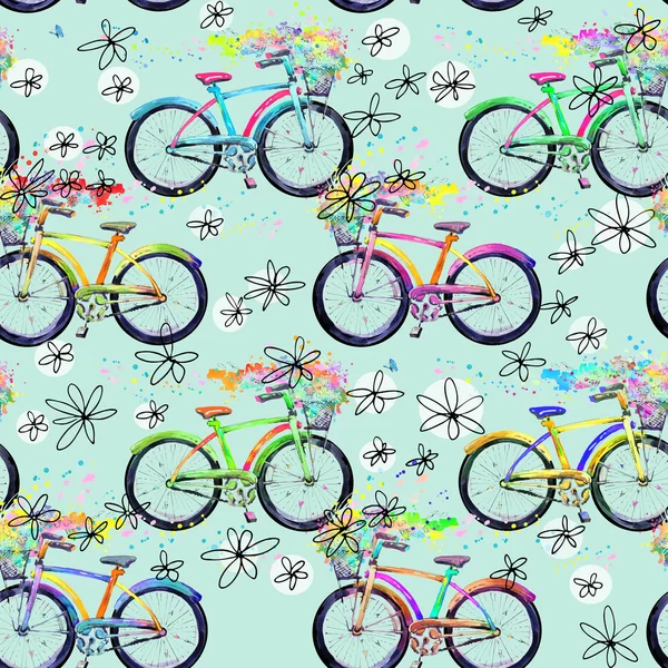 Bicycle seamless pattern. Bicycle pattern watercolor illustration. Summer time seamless pattern. Lifestyle pattern background.