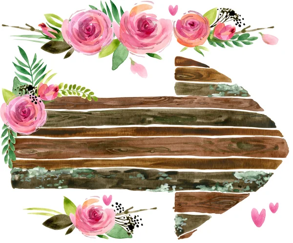 Wood Banners with rose flower. Rose flower watercolor. Wedding decorative element. Birthday invitation decorative element. Wood panel set. Vintage Wood board. Grunge wall watercolor background.