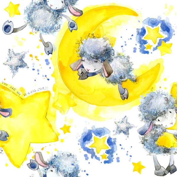 Seamless pattern with cute Sheep and star. Sheep and Stars watercolor background